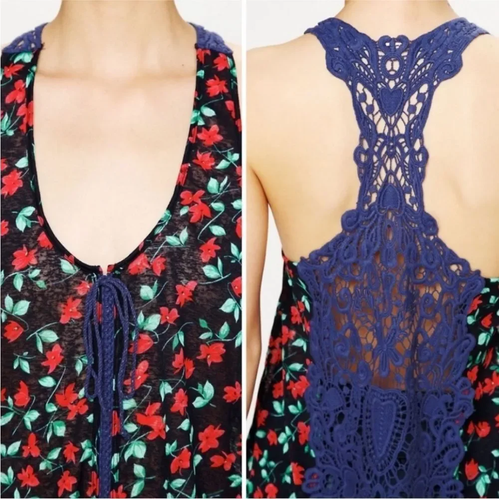 Free People Blue Izzy Lace Crochet Racerback Floral Cropped Tank Size Small